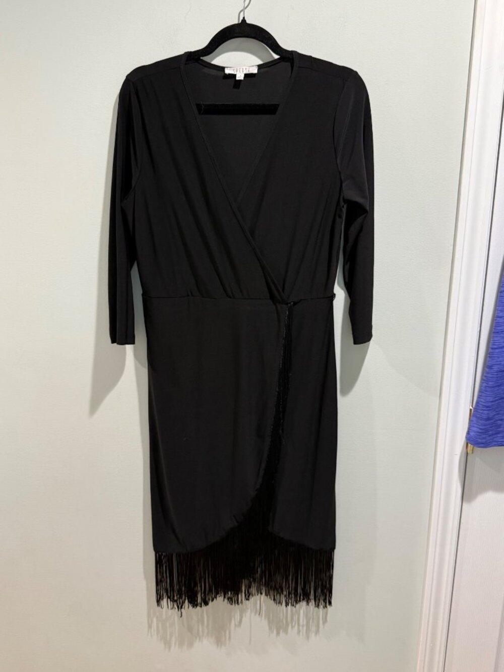 Spense Black Fringe 3/4 Sleeve Wrap Dress Size 8